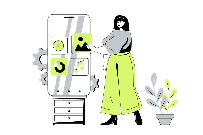 Woman filling mobile site with video  Illustration