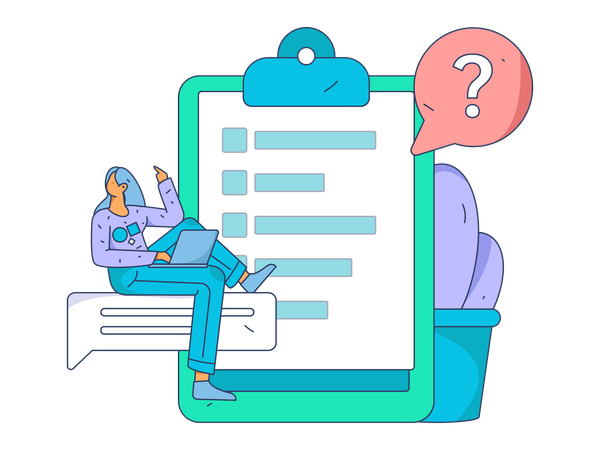 Woman filling online business survey form  Illustration