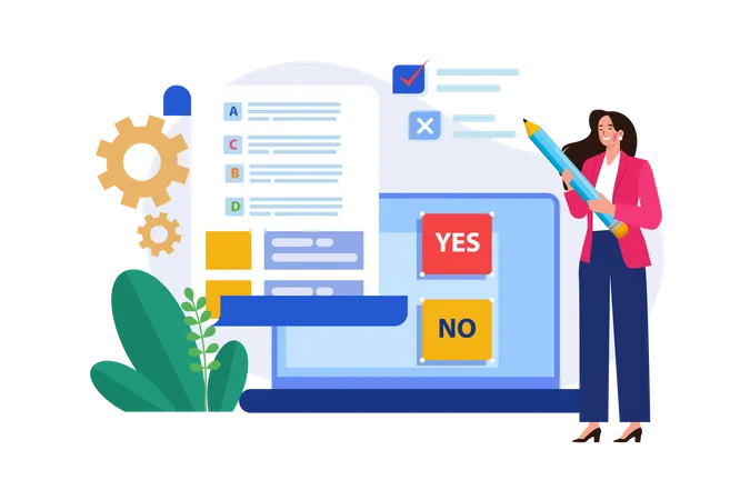 Woman filling survey form online survey concept feedback service  Illustration