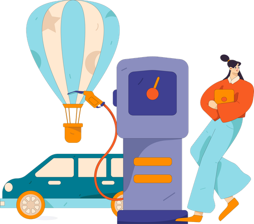 Woman fills gas in hot air balloon  Illustration