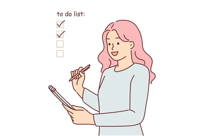 Woman Fills Out Checklist In Notebook Ticking Off Completed Items From Daily Plan Or Shopping List Girl Uses Checklist For Time Management And Effective Completion Tasks To Achieve Success In Life 일러스트레이션