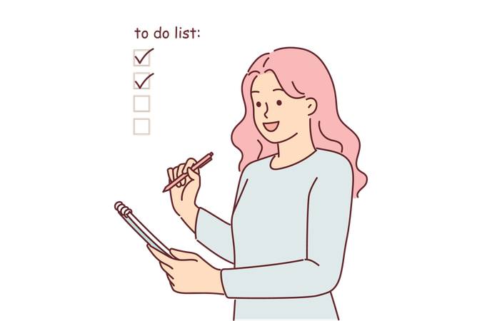 Woman fills out checklist in notebook  Illustration