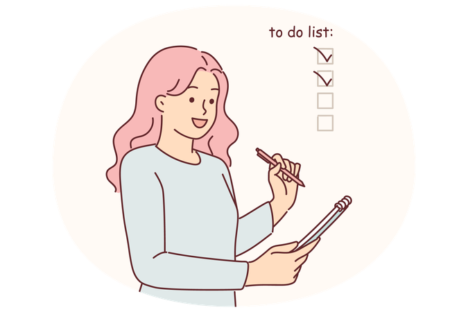 Woman fills out checklist in notebook, ticking off completed items from daily plan  Illustration