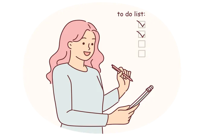 Woman fills out checklist in notebook, ticking off completed items from daily plan  Illustration