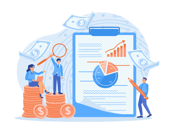 Woman fills out financial bookkeeping and Manager and accountant calculate debits and credits  Illustration