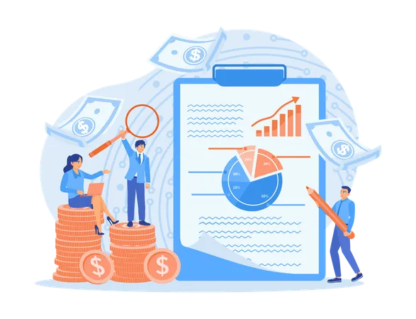 Woman fills out financial bookkeeping and Manager and accountant calculate debits and credits  Illustration