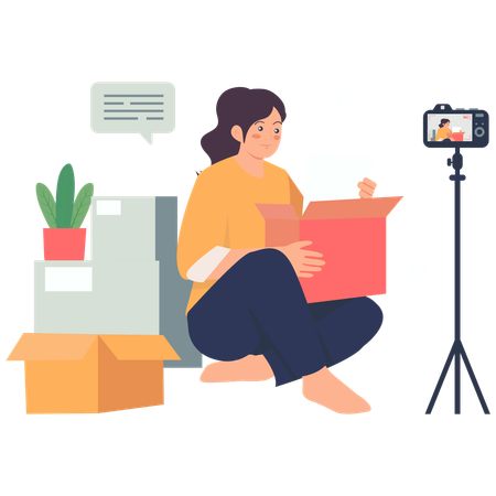 Woman Filming Unboxing Video for Online Content  Illustration
