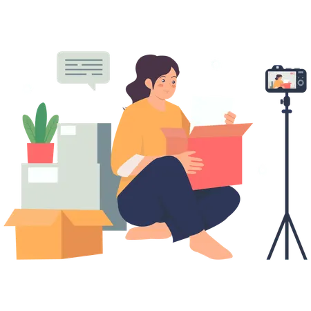 Woman Filming Unboxing Video for Online Content  Illustration