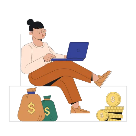 Woman financier works at laptop  Illustration