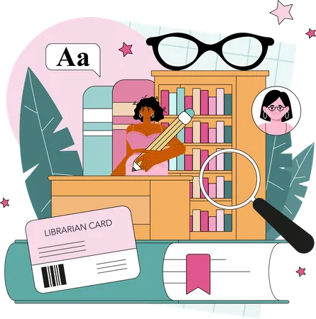 Woman find librarian card  Illustration