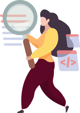 Woman finding bugs in code Illustration