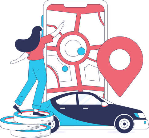 Woman finding car using mobile  Illustration