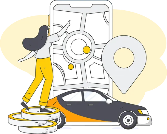 Woman finding car using mobile  Illustration