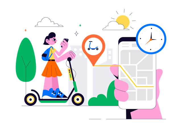 Woman finding Electric Scooter route  Illustration