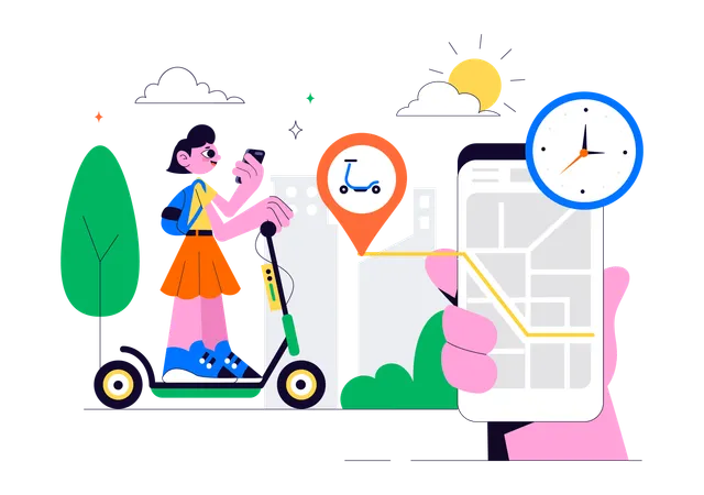 Woman finding Electric Scooter route  Illustration