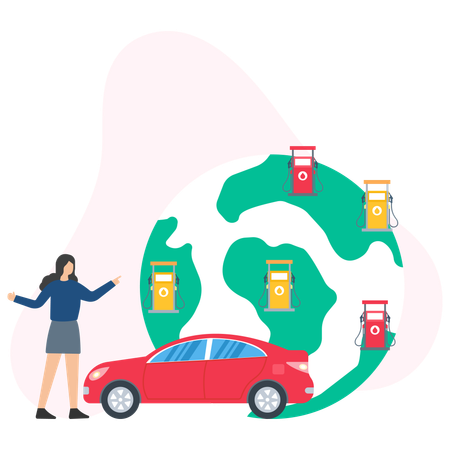 Woman finding global fuel sources  Illustration