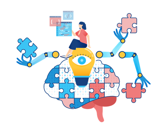 Woman Finding Ideas with AI Programming and Binary Brain Puzzle Assistance  Illustration