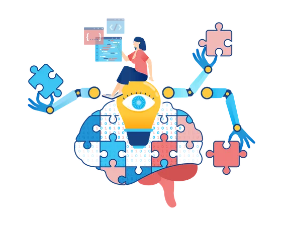 Woman Finding Ideas with AI Programming and Binary Brain Puzzle Assistance  Illustration