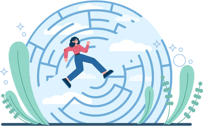 Woman finding maze puzzle path  イラスト