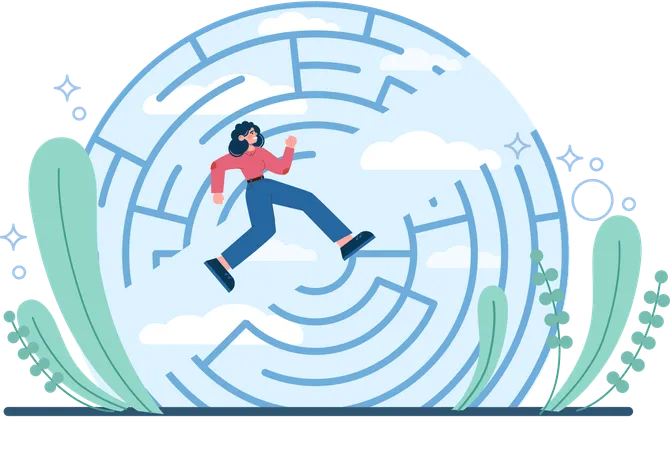 Woman finding maze puzzle path  Illustration