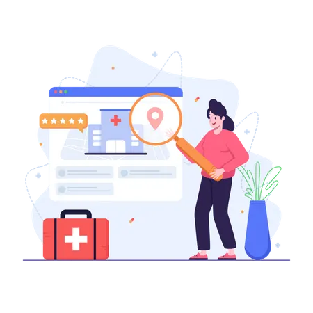 Illustration Of Woman Finding Nearby Hospital Online Illustration