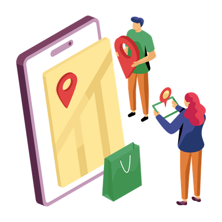 Woman finding shopping location on mobile app  Illustration