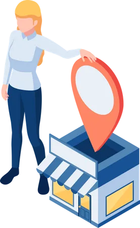 Flat 3 D Isometric Woman Owner Standing At Her Shopping Store With GPS Location Pin Store Location And Gps Navigation Concept Illustration