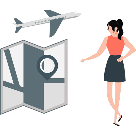 Woman finding trip location on map  Illustration