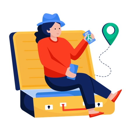 Woman finds destination on Travel map  Illustration