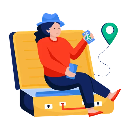 Woman finds destination on Travel map  Illustration