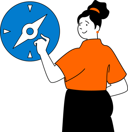 Woman finds direction on magnetic compass  Illustration