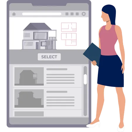 A Girl Is Looking At A Selection Of Rental Houses Online Illustration