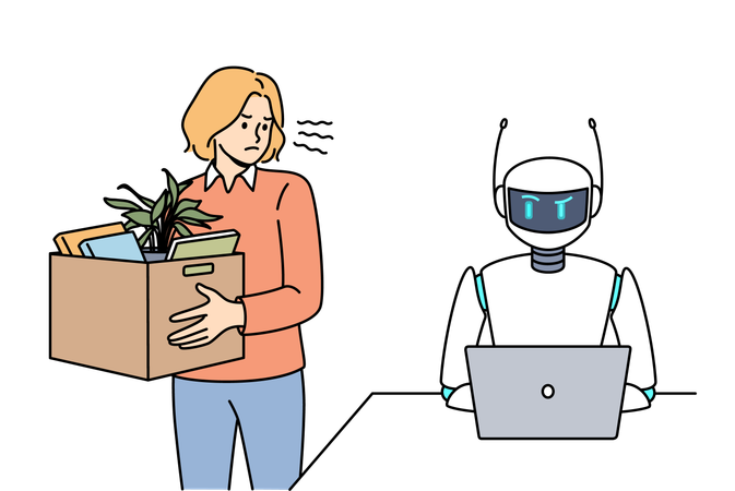 Woman fired due to robotization business processes stands with dismissal box near robot with laptop  Illustration