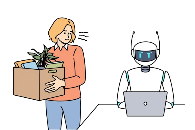 Woman Fired Due To Robotization Of Business Processes Stands With Dismissal Box Near Robot With Laptop Fired Girl Is Angry At Artificial Intelligence And Robotization Tech That Replace Living People Illustration
