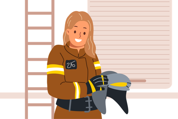 Woman firefighter holds helmet in hands standing near rescue van for extinguish fire  Illustration