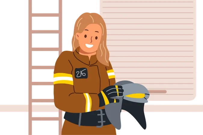 Woman Firefighter Holds Helmet In Hands Standing Near Rescue Van And Preparing To Go Out To Extinguish Fire Young Girl Firefighter Smiles And Looks At Camera Getting To Fight Flames Illustration