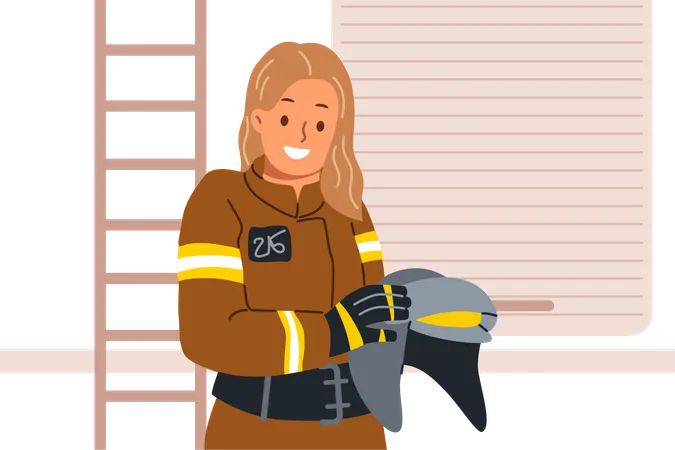 Woman firefighter holds helmet in hands standing near rescue van for extinguish fire  Illustration