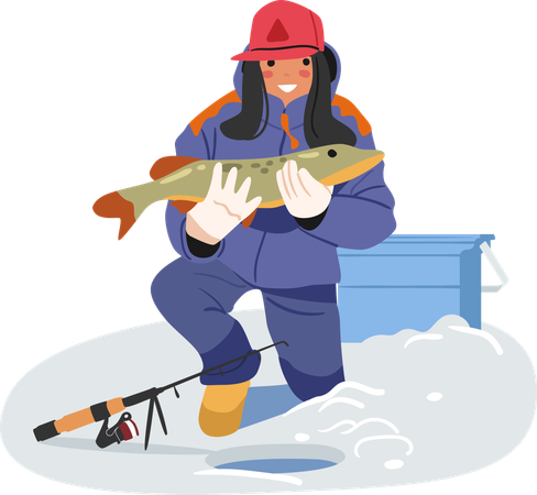 Woman fisher holding caught pike in hand enjoying successful fishing activity  Illustration