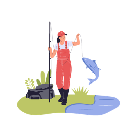 Woman Fishing Near Lake with Big Catch  Illustration