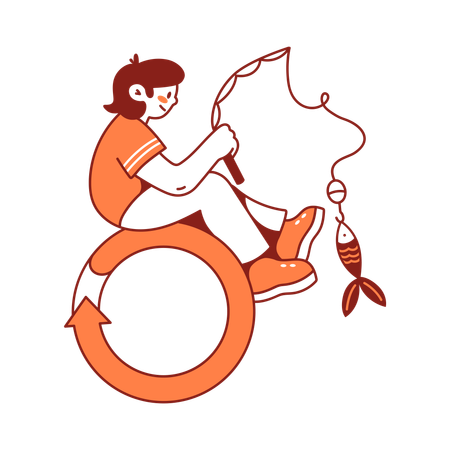 Woman fishing on a preloader  Illustration