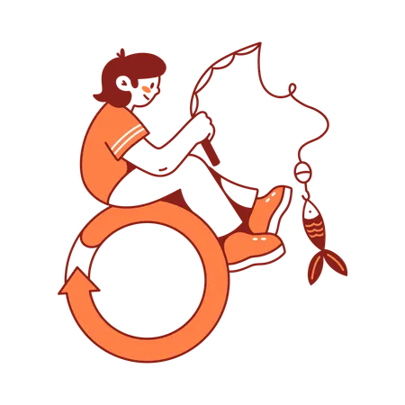 Woman fishing on a preloader  Illustration