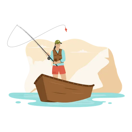 Woman fishing on boat Illustration