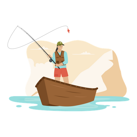 Woman fishing on boat  Illustration