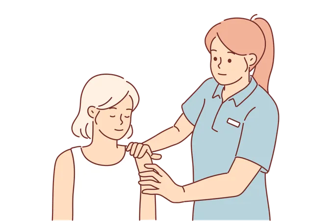 Woman Fitness Instructor Massages Shoulder Of Athlete Helping To Warm Up Before Training Massage From Fitness Trainer For Client Who Suffered Dislocated Arm Due To Negligence In Gym Illustration