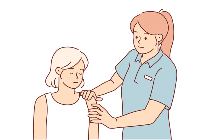 Woman fitness instructor massages shoulder of athlete  Illustration