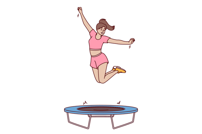Woman fitness trainer jumps on trampoline teaching clients of sports club to do exercises correctly  イラスト