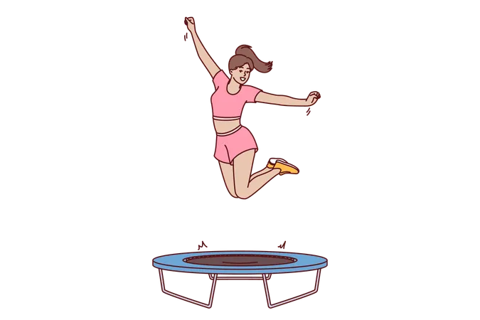 Woman fitness trainer jumps on trampoline teaching clients of sports club to do exercises correctly  Illustration