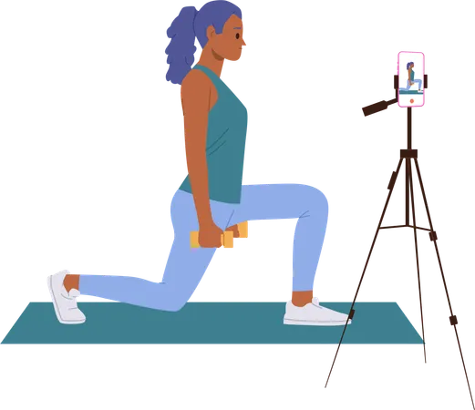 Woman fitness trainer streaming video for blog recording training with dumbbells  Illustration