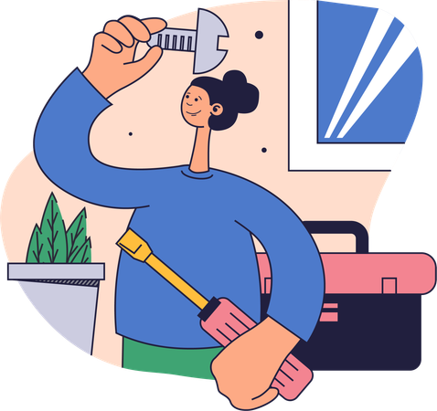 レンチで家を修理する女性  イラスト