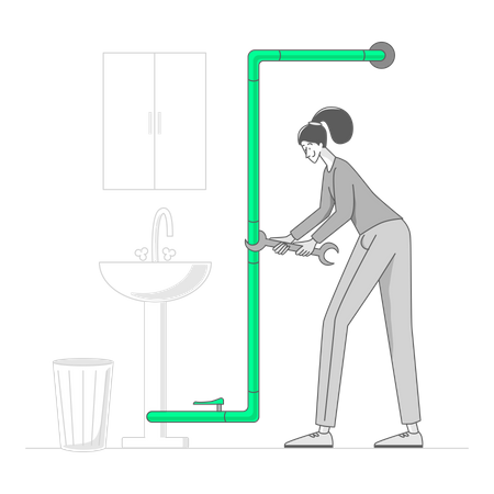 Woman fixing a pipe in the bathroom Illustration